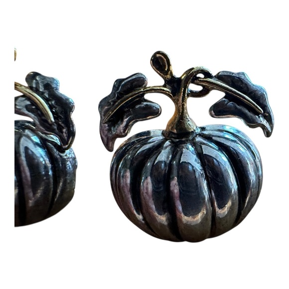 Vintage Pumpkin Earrings Gold Silver Two Tone Leaf Fall Autumn Best Posts Signed - Picture 9 of 10